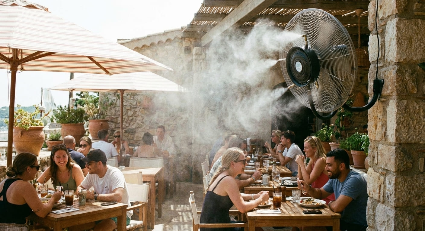 Ventilateur brumisateur mural haute pression pour grande terrasse restaurant