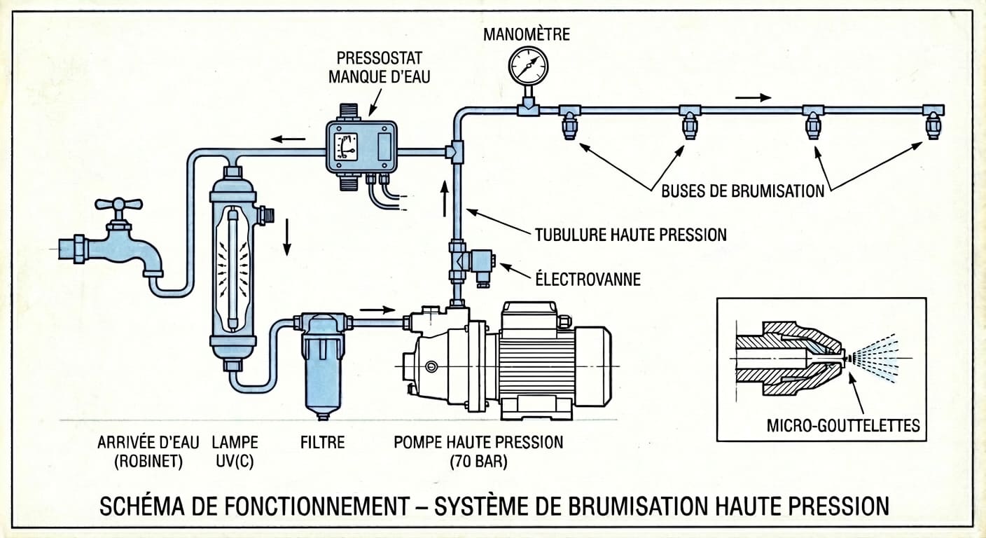 Schéma de fonctionnement d'une rampe de brumisation haute pression avec pompe filtration et buses