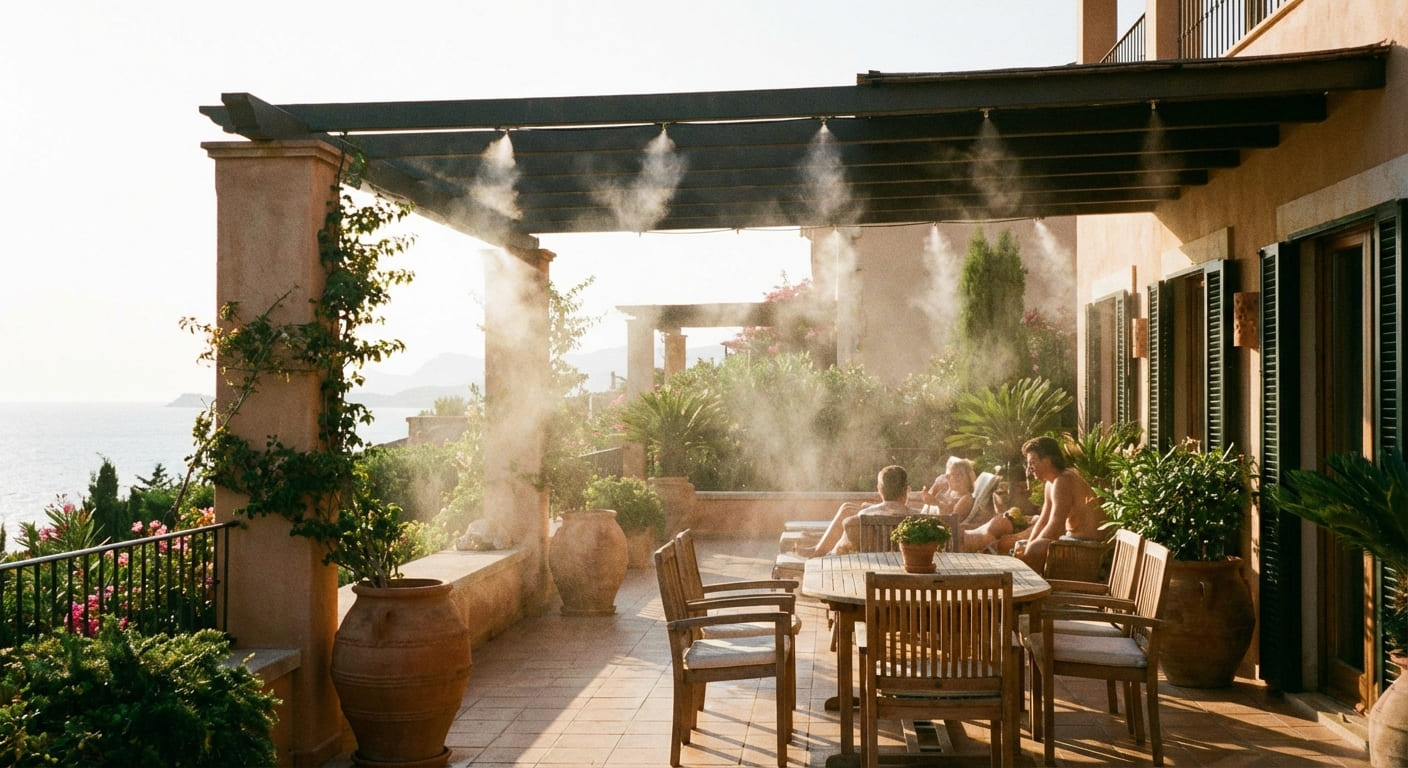 Brumisation terrasse particulier sous pergola bioclimatique avec famille