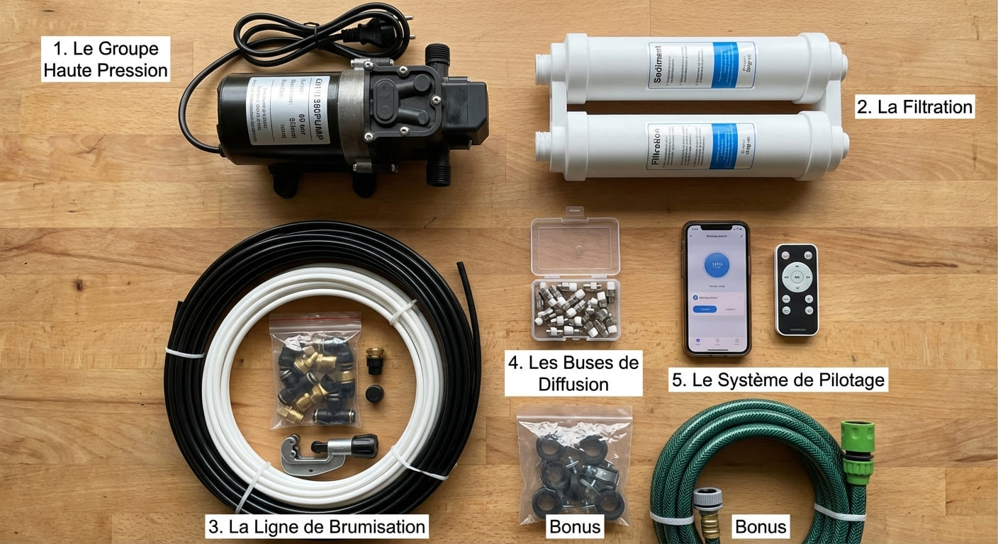 Composants kit brumisation complet pompe HP buses inox tube polyamide