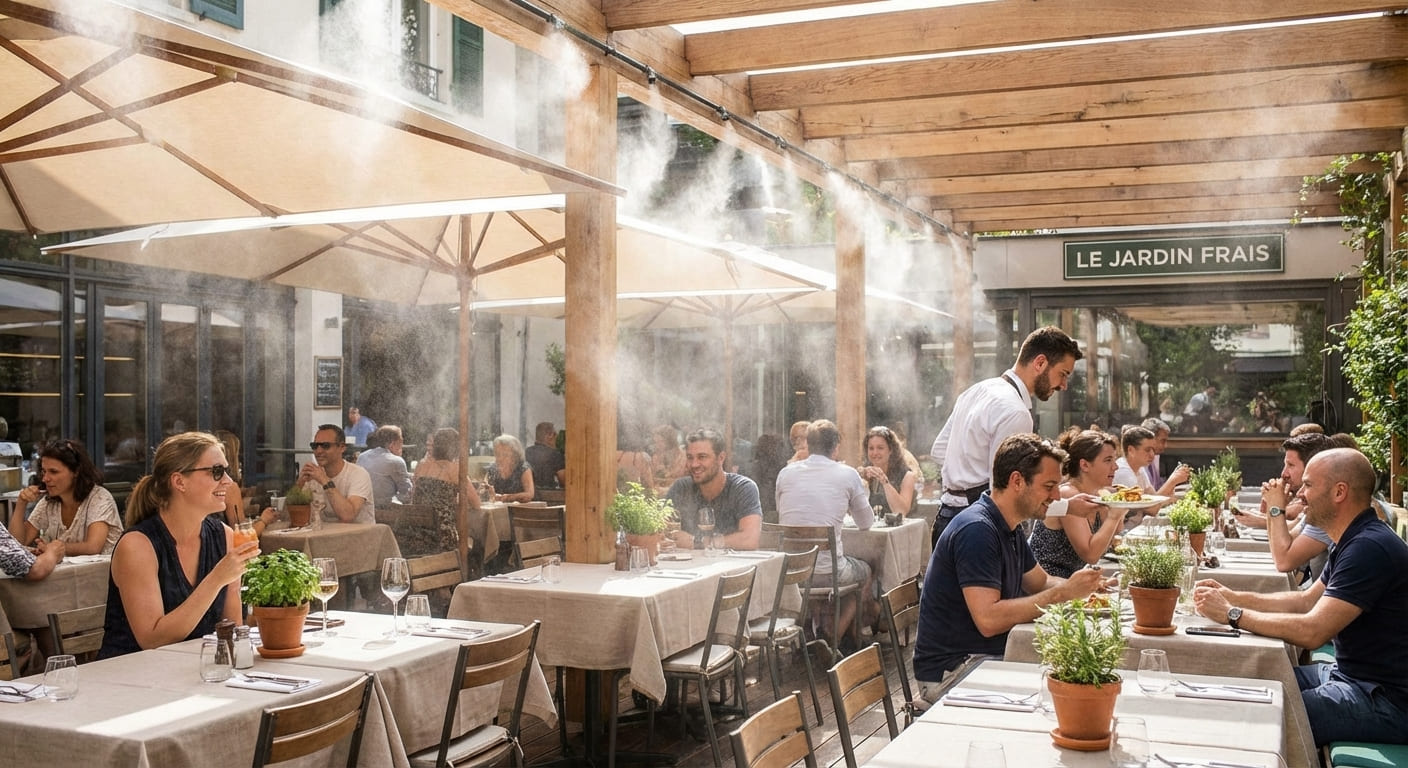 Rampe de brumisation haute pression sous store terrasse restaurant